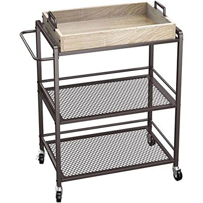 BAKAJI Chariot de cuisine 3 étagères industrielles avec roulettes pivotantes et plateau petit déjeuner bois amovible, chariot économe en espace, multi-usages, chariot esthéticienne, structure BAKAJI Chariot de cuisine 3 étagères industrielles avec roulettes pivotantes et plateau petit déjeuner bois amovible, chariot économe en espace, multi-usages, chariot esthéticienne, structure