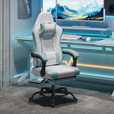 WOLTU Chaise de jeu avec massage, ergonomique, pivotante, rembourrée, pour ordinateur, avec coussin lombaire massant, charge 150 kg, tissu en maille, blanc + bleu WOLTU Chaise de jeu avec massage, ergonomique, pivotante, rembourrée, pour ordinateur, avec coussin lombaire massant, charge 150 kg, tissu en maille, blanc + bleu