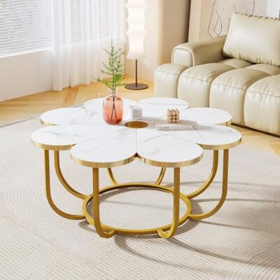 Tribesigns Table basse blanche et dorée, table basse moderne en forme de fleur avec plateau en imitation marbre, table centrale de 100 cm avec cadre en métal pour salon, chambre à coucher, salon Tribesigns Table basse blanche et dorée, table basse moderne en forme de fleur avec plateau en imitation marbre, table centrale de 100 cm avec cadre en métal pour salon, chambre à coucher, salon