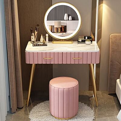 FHSLKXIM Ensemble de coiffeuse avec miroir éclairé, tabouret rembourré et cloison de rangement, bureau de maquillage blanc pour chambre à coucher, coiffeuse en bois massif, idéale pour femme, rose FHSLKXIM Ensemble de coiffeuse avec miroir éclairé, tabouret rembourré et cloison de rangement, bureau de maquillage blanc pour chambre à coucher, coiffeuse en bois massif, idéale pour femme, rose