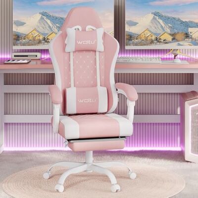 WOLTU Chaise de jeu avec massage, ergonomique, pivotante, rembourrée, pour ordinateur, avec coussin lombaire massant, charge 150 kg, tissu en maille, rose + blanc WOLTU Chaise de jeu avec massage, ergonomique, pivotante, rembourrée, pour ordinateur, avec coussin lombaire massant, charge 150 kg, tissu en maille, rose + blanc