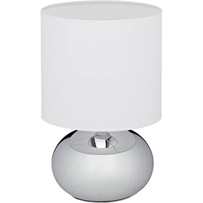 Relaxdays Lampe de Chevet, luminaire Rond, Tactile, HxD: 27,5x18cm, E14, éclairage sur Pied Abat-Jour, argenté/Blanc Relaxdays Lampe de Chevet, luminaire Rond, Tactile, HxD: 27,5x18cm, E14, éclairage sur Pied Abat-Jour, argenté/Blanc