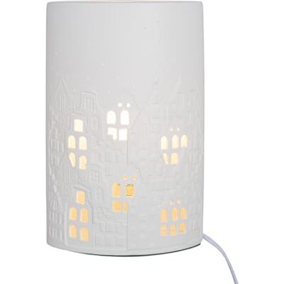 GILDE Lampe de table en porcelaine blanche Motif maison Hauteur : 28 cm Éclairage décoratif Accessoire d'intérieur GILDE Lampe de table en porcelaine blanche Motif maison Hauteur : 28 cm Éclairage décoratif Accessoire d'intérieur
