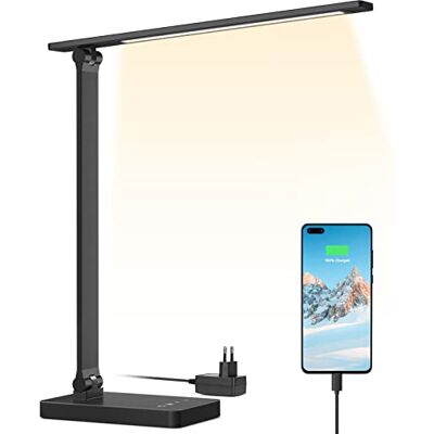 Lepro Lampe de bureau LED 15 W à intensité variable 655 lm avec 3 modes de couleur et 5 niveaux de luminosité, port USB, lampe de lecture pour bureau, table de chevet et lecture Noir Lepro Lampe de bureau LED 15 W à intensité variable 655 lm avec 3 modes de couleur et 5 niveaux de luminosité, port USB, lampe de lecture pour bureau, table de chevet et lecture Noir