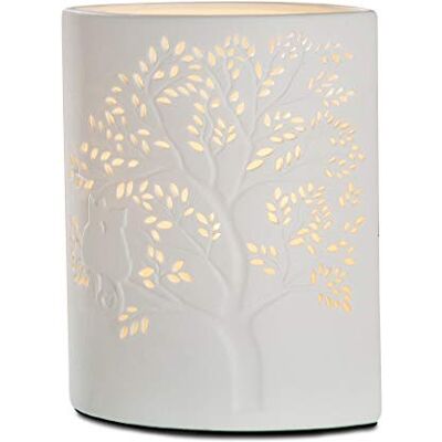 GILDE Lampe de table en porcelaine Motif chat sur arbre Blanc Hauteur : 20 cm GILDE Lampe de table en porcelaine Motif chat sur arbre Blanc Hauteur : 20 cm