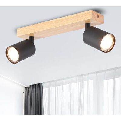 ANWIO Spot 2 voies en bois avec culot GU10 Plafonnier réglable pour chambre à coucher, cuisine, salon Noir ANWIO Spot 2 voies en bois avec culot GU10 Plafonnier réglable pour chambre à coucher, cuisine, salon Noir