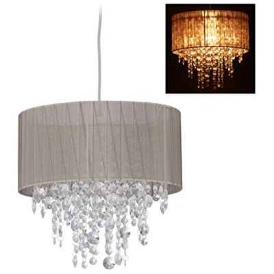 Relaxdays 10029524 lampe suspension en cristal, Abat-jour en organza, E27, lustre pour salon, Hx D 129 x 32 gris/argent, plastique, tissu, métal, 1 élément Relaxdays 10029524 lampe suspension en cristal, Abat-jour en organza, E27, lustre pour salon, Hx D 129 x 32 gris/argent, plastique, tissu, métal, 1 élément