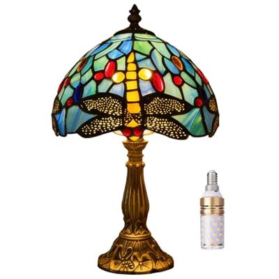 Kinbolas Petite lampe de table de style Tiffany, lampe de chevet vintage, lampe de décoration de chambre à coucher, lampe de table art déco, verre coloré bleu, abat-jour en verre coloré, 20 cm, avec Kinbolas Petite lampe de table de style Tiffany, lampe de chevet vintage, lampe de décoration de chambre à coucher, lampe de table art déco, verre coloré bleu, abat-jour en verre coloré, 20 cm, avec