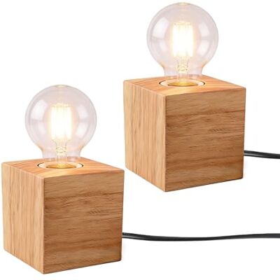 BORDEAG Lot de 2 culots de lampe E27 en bois A Lampe de chevet cube en bois A avec interrupteur à câble Lampe de table E27 en bois Lampe de table en bois pour chambre à coucher, salon, bureau BORDEAG Lot de 2 culots de lampe E27 en bois A Lampe de chevet cube en bois A avec interrupteur à câble Lampe de table E27 en bois Lampe de table en bois pour chambre à coucher, salon, bureau