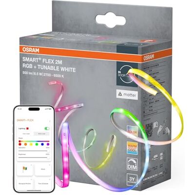 OSRAM SMART MATTER FLEX Rubans LED décoratifs extensibles avec technologie Matter, RGBTW, multicolore et blanc, gradable, 2 m, ampoule non interchangeable OSRAM SMART MATTER FLEX Rubans LED décoratifs extensibles avec technologie Matter, RGBTW, multicolore et blanc, gradable, 2 m, ampoule non interchangeable
