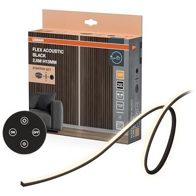 OSRAM Bandes LED Flex Acoustic Noires H13mm Kit de Démarrage Flex Strip Acoustic Black 2.6m, Indoor Wall Lighting, Noir mat, 30000 h, Pack de 1 OSRAM Bandes LED Flex Acoustic Noires H13mm Kit de Démarrage Flex Strip Acoustic Black 2.6m, Indoor Wall Lighting, Noir mat, 30000 h, Pack de 1