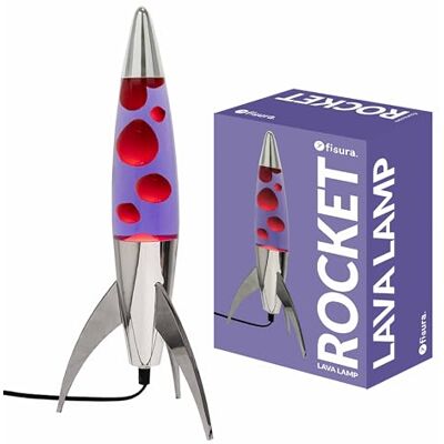 Fisura Lampe à lave violette "rocket". Base chromée, liquide violet et lave rouge. Lampe à lave rétro avec ampoule de rechange. 20 cm x 20 cm x 45 cm. Fisura Lampe à lave violette "rocket". Base chromée, liquide violet et lave rouge. Lampe à lave rétro avec ampoule de rechange. 20 cm x 20 cm x 45 cm.