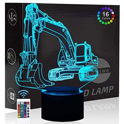 Comiwe Veilleuse illusion 3D en forme de pelleteuse, 16 couleurs changeantes, tactile intelligent et télécommande, décoration d'intérieur, lampe de chevet LED, cadeau de Noël, d'anniversaire pour Comiwe Veilleuse illusion 3D en forme de pelleteuse, 16 couleurs changeantes, tactile intelligent et télécommande, décoration d'intérieur, lampe de chevet LED, cadeau de Noël, d'anniversaire pour
