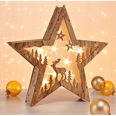 Spetebo Lampe décorative LED en forme d'étoile en bois, 30 cm, renne, support décoratif blanc chaud, Noël, Avent, hiver, table, éclairage décoratif à piles Spetebo Lampe décorative LED en forme d'étoile en bois, 30 cm, renne, support décoratif blanc chaud, Noël, Avent, hiver, table, éclairage décoratif à piles