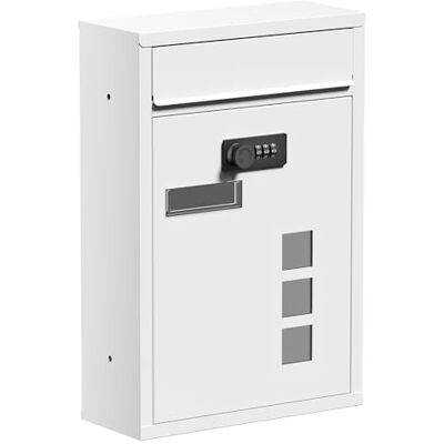 WilTec Boîte aux lettres murale Blanche pour courrier, 215 x 90 x 320 mm, Revêtement par poudre, avec Serrure à combinaison, fente, porte-nom et fenêtres WilTec Boîte aux lettres murale Blanche pour courrier, 215 x 90 x 320 mm, Revêtement par poudre, avec Serrure à combinaison, fente, porte-nom et fenêtres