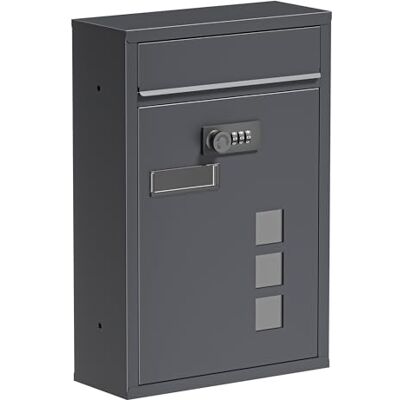 WilTec Boîte aux lettres murale Anthracite pour courrier, 215 x 90 x 320 mm, Revêtement par poudre, avec Serrure à combinaison, fente, porte-nom et fenêtres WilTec Boîte aux lettres murale Anthracite pour courrier, 215 x 90 x 320 mm, Revêtement par poudre, avec Serrure à combinaison, fente, porte-nom et fenêtres
