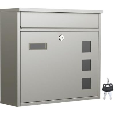 WilTec Boîte aux lettres murale V12, Verrouillable, Couleur grise, Acier inox, 360 x 115 x 315 mm, avec Clapet, Fenêtres et Porte-nom WilTec Boîte aux lettres murale V12, Verrouillable, Couleur grise, Acier inox, 360 x 115 x 315 mm, avec Clapet, Fenêtres et Porte-nom