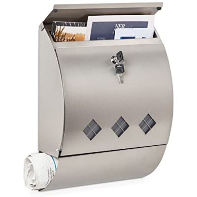 Relaxdays Boîte aux lettres, porte-journaux, acier inox, fenêtre de visualisation, 2 clés, HLP 40x30x12,5 cm, argenté Relaxdays Boîte aux lettres, porte-journaux, acier inox, fenêtre de visualisation, 2 clés, HLP 40x30x12,5 cm, argenté