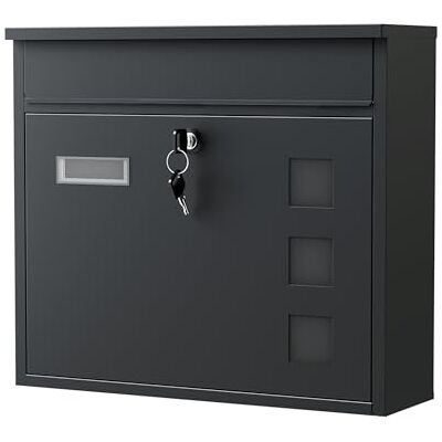 WilTec Boîte aux lettres murale V12, Verrouillable, Noire, Acier galvanisé, 362 x 115 x 315 mm, avec Clapet, Fenêtres et Porte-nom WilTec Boîte aux lettres murale V12, Verrouillable, Noire, Acier galvanisé, 362 x 115 x 315 mm, avec Clapet, Fenêtres et Porte-nom