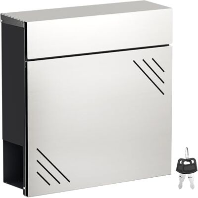 WilTec Boîte aux lettres Acier inoxydable V63 en acier 37 x 11 x 37 cm, boîte postale murale avec compartiment à journaux et clés WilTec Boîte aux lettres Acier inoxydable V63 en acier 37 x 11 x 37 cm, boîte postale murale avec compartiment à journaux et clés