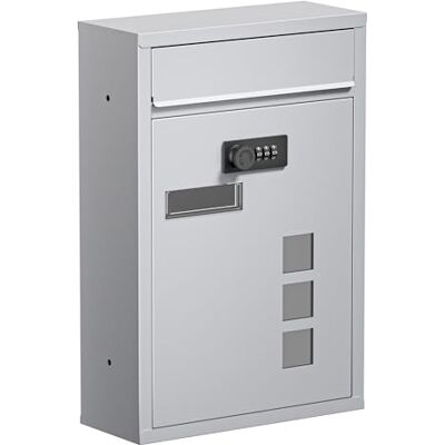 WilTec Boîte aux lettres murale Argentée pour courrier, 215 x 90 x 320 mm, Revêtement par poudre, avec Serrure à combinaison, fente, porte-nom et fenêtres WilTec Boîte aux lettres murale Argentée pour courrier, 215 x 90 x 320 mm, Revêtement par poudre, avec Serrure à combinaison, fente, porte-nom et fenêtres