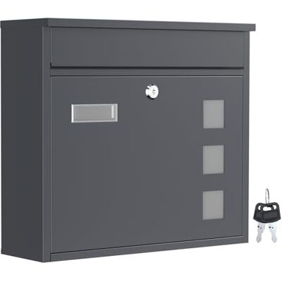 WilTec Boîte aux lettres murale V12, Verrouillable, Couleur anthracite, Acier galvanisé, 360 x 115 x 320 mm, avec Clapet, Fenêtres et Porte-nom WilTec Boîte aux lettres murale V12, Verrouillable, Couleur anthracite, Acier galvanisé, 360 x 115 x 320 mm, avec Clapet, Fenêtres et Porte-nom