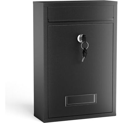 WilTec Boîte aux lettres murale verrouillable V11 noire pour courrier, 216 x 85 x 320 mm, Revêtement par poudre, Fente 191 x 36 mm, avec porte-nom WilTec Boîte aux lettres murale verrouillable V11 noire pour courrier, 216 x 85 x 320 mm, Revêtement par poudre, Fente 191 x 36 mm, avec porte-nom