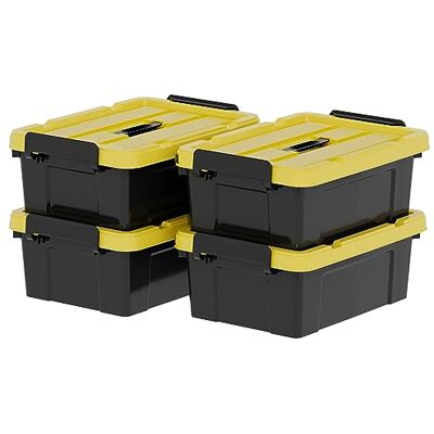 Cetomo Lot de 4 boîtes de rangement en plastique avec couvercles, poignée et boucles de verrouillage pour outils, jardin, garage, maison, durable, robuste, empilable, gigogne, noir et jaune, 15 l Cetomo Lot de 4 boîtes de rangement en plastique avec couvercles, poignée et boucles de verrouillage pour outils, jardin, garage, maison, durable, robuste, empilable, gigogne, noir et jaune, 15 l