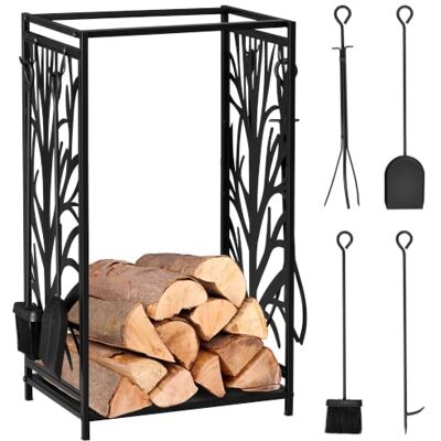 HOMCOM Porte bûches Serviteur de cheminée 46L x 29l x 70H cm Acier Noir Range Bûches, Arbre, Multi Accessoires étagère HOMCOM Porte bûches Serviteur de cheminée 46L x 29l x 70H cm Acier Noir Range Bûches, Arbre, Multi Accessoires étagère