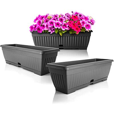 BigDean Lot de 3 jardinières avec soucoupe amovible Anthracite 50 cm de long, en plastique incassable, pour balcon avec réservoir d'eau, convient pour l'intérieur et l'extérieur, fabriqué en Europe BigDean Lot de 3 jardinières avec soucoupe amovible Anthracite 50 cm de long, en plastique incassable, pour balcon avec réservoir d'eau, convient pour l'intérieur et l'extérieur, fabriqué en Europe