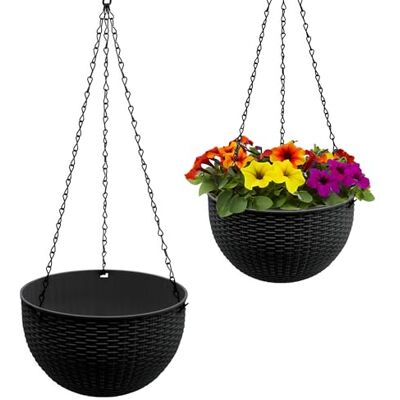 Spetebo Lot de 2 pots de fleurs suspendus en plastique anthracite aspect rotin 23 cm Spetebo Lot de 2 pots de fleurs suspendus en plastique anthracite aspect rotin 23 cm