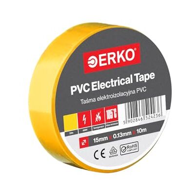 ERKO Lot de ruban isolant en PVC 15 mm x 10 m Réparation de câbles électriques Très flexible avec une forte adhérence Résistant aux produits chimiques, jaune, chlorure de polyvinyle ERKO Lot de ruban isolant en PVC 15 mm x 10 m Réparation de câbles électriques Très flexible avec une forte adhérence Résistant aux produits chimiques, jaune, chlorure de polyvinyle