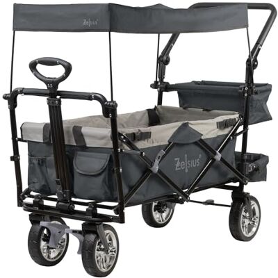 Zelsius Chariot de transport pliable avec toit, système de ceinture, auvent, chariot à bras pour plage, outils, jardin, gris Zelsius Chariot de transport pliable avec toit, système de ceinture, auvent, chariot à bras pour plage, outils, jardin, gris