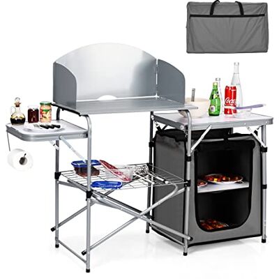 GYMAX Armoire de Camping Pliable, Cuisine Extérieure Jardin, avec Cadre en Aluminium, Pare-Brise, Plan de Travail Spacieux, Étagère à Grille, Sac de Transport, Table pour Pique-Nique Barbecue GYMAX Armoire de Camping Pliable, Cuisine Extérieure Jardin, avec Cadre en Aluminium, Pare-Brise, Plan de Travail Spacieux, Étagère à Grille, Sac de Transport, Table pour Pique-Nique Barbecue