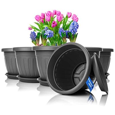 BigDean Lot de 6 pots de fleurs ronds avec soucoupe Ø 33 x H 25 cm Anthracite – Pot de fleurs résistant aux intempéries – Évacuation de l'eau en plastique incassable – Convient pour l'intérieur et l'extérieur – Fabriqué en Europe BigDean Lot de 6 pots de fleurs ronds avec soucoupe Ø 33 x H 25 cm Anthracite – Pot de fleurs résistant aux intempéries – Évacuation de l'eau en plastique incassable – Convient pour l'intérieur et l'extérieur – Fabriqué en Europe