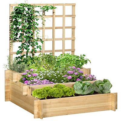 Outsunny Carré Potager Jardinière à 3 Étages avec Treillis Bois Naturel Outsunny Carré Potager Jardinière à 3 Étages avec Treillis Bois Naturel