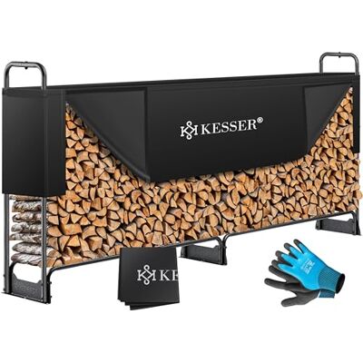 KESSER ® Étagère à bois de cheminée en métal Étagère à bois de chauffage extérieure Cadre en acier + couverture & gants Abri à bois de cheminée 300kg 260x36x117cm KESSER ® Étagère à bois de cheminée en métal Étagère à bois de chauffage extérieure Cadre en acier + couverture & gants Abri à bois de cheminée 300kg 260x36x117cm