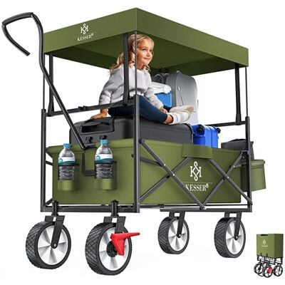 KESSER ® Chariot de transport pliable pouvant supporter jusqu'à 100 kg, avec pneus pleins et frein avant, chariot de plage avec 2 poches en maille, housse de protection et poche extérieure, kaki KESSER ® Chariot de transport pliable pouvant supporter jusqu'à 100 kg, avec pneus pleins et frein avant, chariot de plage avec 2 poches en maille, housse de protection et poche extérieure, kaki