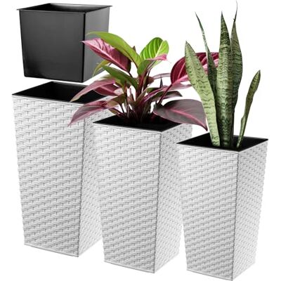 KADAX Lot de 3 pots de fleurs Bacs à fleurs En plastique Résistant aux intempéries Pour l'intérieur et l'extérieur Motif rotin Blanc KADAX Lot de 3 pots de fleurs Bacs à fleurs En plastique Résistant aux intempéries Pour l'intérieur et l'extérieur Motif rotin Blanc