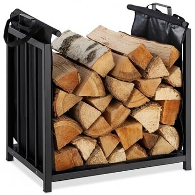 Relaxdays , Porte-bûches de cheminée noir avec sac de transport en bois, pour l'intérieur, design moderne, étagère en acier, H x P : 50 x 51 x 37 cm, plastique Relaxdays , Porte-bûches de cheminée noir avec sac de transport en bois, pour l'intérieur, design moderne, étagère en acier, H x P : 50 x 51 x 37 cm, plastique