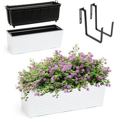 KADAX Jardinière en plastique 18,5 x 56 cm Avec insert Résistant aux intempéries Rectangulaire Avec supports Motif rotin Blanc KADAX Jardinière en plastique 18,5 x 56 cm Avec insert Résistant aux intempéries Rectangulaire Avec supports Motif rotin Blanc