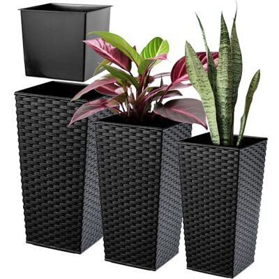 KADAX Lot de 3 pots de fleurs En plastique Résistants aux intempéries Idéaux pour l'intérieur et l'extérieur Taille XXL Aspect rotin Noir KADAX Lot de 3 pots de fleurs En plastique Résistants aux intempéries Idéaux pour l'intérieur et l'extérieur Taille XXL Aspect rotin Noir