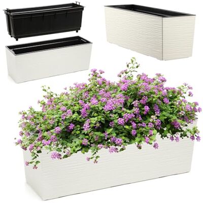 KADAX Jardinière en plastique 18,5 x 56 cm Avec insert Résistant aux intempéries Rectangulaire Motif rainuré Crème KADAX Jardinière en plastique 18,5 x 56 cm Avec insert Résistant aux intempéries Rectangulaire Motif rainuré Crème