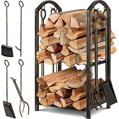 KESSER ® Étagère pour bois de cheminée, lot de 5 pièces 2 étages en métal Pour l'intérieur et l'extérieur Avec 4 outils de cheminée En acier 40 x 30 x 74,5 cm Réglable, Doré/noir KESSER ® Étagère pour bois de cheminée, lot de 5 pièces 2 étages en métal Pour l'intérieur et l'extérieur Avec 4 outils de cheminée En acier 40 x 30 x 74,5 cm Réglable, Doré/noir