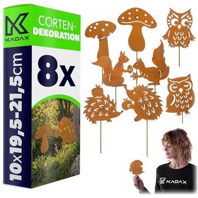 KADAX Lot de 8 piquets de jardin en acier Corten, figurines rouillées avec hiboux, hérissons, écureuils et champignons, figurines de jardin rouillées, décoration en métal résistant aux intempéries KADAX Lot de 8 piquets de jardin en acier Corten, figurines rouillées avec hiboux, hérissons, écureuils et champignons, figurines de jardin rouillées, décoration en métal résistant aux intempéries