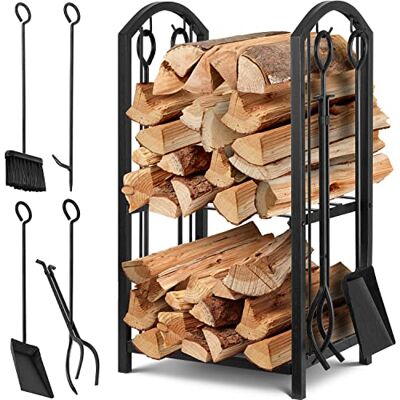 KESSER ® Étagère pour bois de cheminée, lot de 5 pièces 2 étages en métal Pour l'intérieur et l'extérieur Avec 4 outils de cheminée En acier 40 x 30 x 74,5 cm Réglable, Noir KESSER ® Étagère pour bois de cheminée, lot de 5 pièces 2 étages en métal Pour l'intérieur et l'extérieur Avec 4 outils de cheminée En acier 40 x 30 x 74,5 cm Réglable, Noir