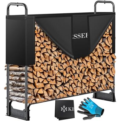 KESSER ® Étagère à bois de cheminée en métal Étagère à bois de chauffage extérieure Cadre en acier + couverture & gants Abri à bois de cheminée 200kg 130x36x117cm KESSER ® Étagère à bois de cheminée en métal Étagère à bois de chauffage extérieure Cadre en acier + couverture & gants Abri à bois de cheminée 200kg 130x36x117cm