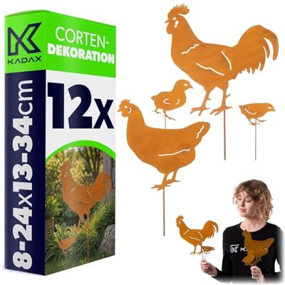 KADAX Lot de 12 piquets de jardin Famille de poules en acier Corten avec coqs, poules et poussins Décoration de jardin en métal aspect rouille KADAX Lot de 12 piquets de jardin Famille de poules en acier Corten avec coqs, poules et poussins Décoration de jardin en métal aspect rouille