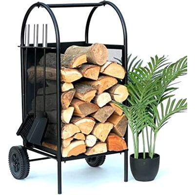 DanDiBo Étagère à bois de cheminée intérieure en métal noir 80 cm avec serviteur de cheminée et roues 96358 Panier à bûches DanDiBo Étagère à bois de cheminée intérieure en métal noir 80 cm avec serviteur de cheminée et roues 96358 Panier à bûches