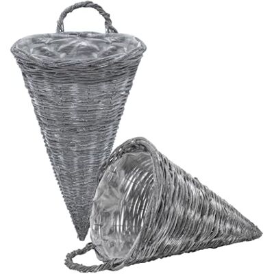 Spetebo Lot de 2 pots de fleurs suspendus en rotin 41 x 24 cm Gris shabby Pour l'intérieur et l'extérieur Décoration de jardin naturelle Cône Pot de fleurs pyramide avec film à suspendre Spetebo Lot de 2 pots de fleurs suspendus en rotin 41 x 24 cm Gris shabby Pour l'intérieur et l'extérieur Décoration de jardin naturelle Cône Pot de fleurs pyramide avec film à suspendre